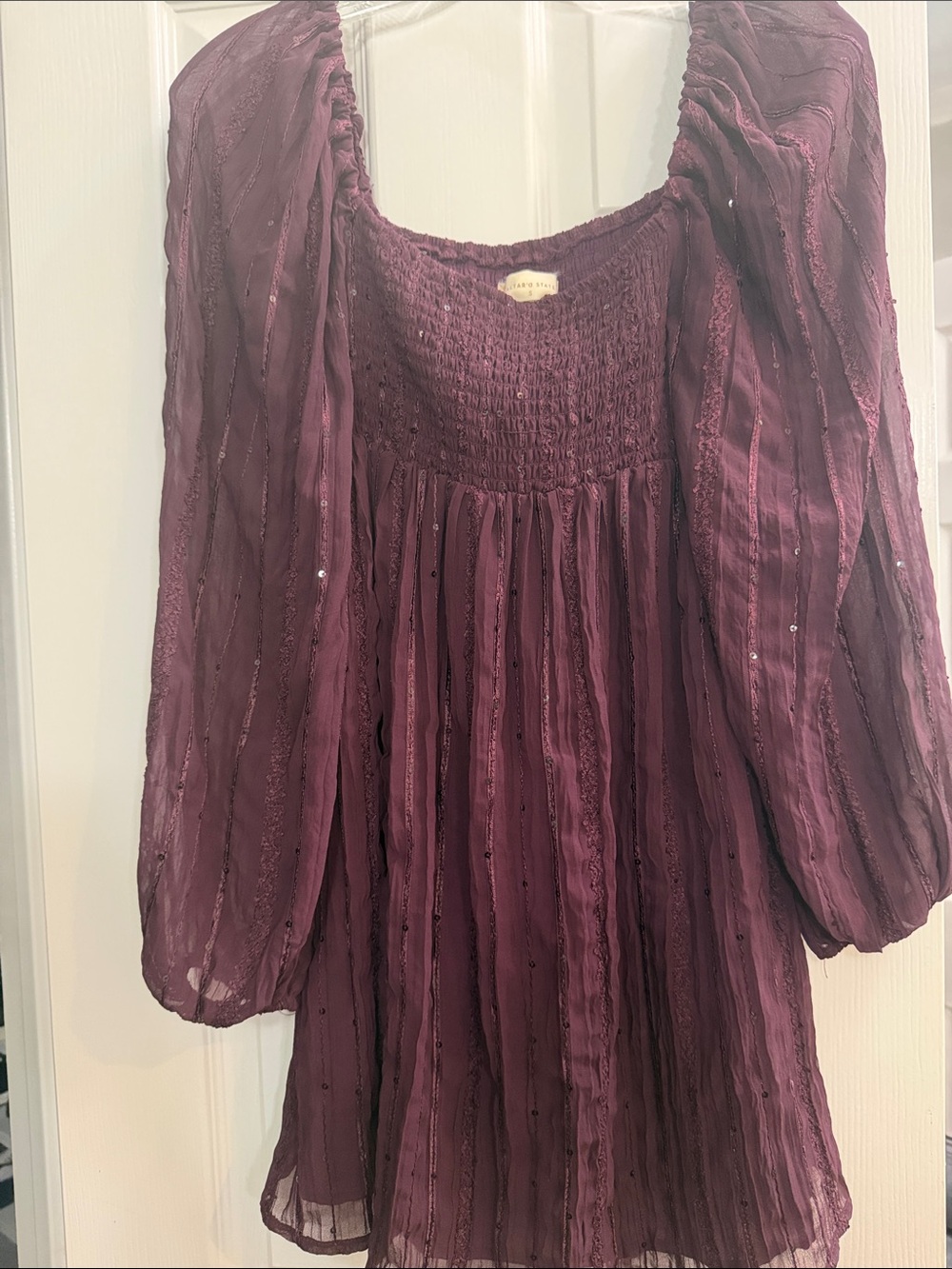 Girls' Purple Peasant Dress with Sheer Long Sleeves